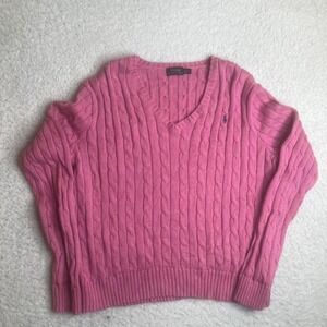Polo Ralph Lauren women's pink cable knit sweater v neck preppy xl